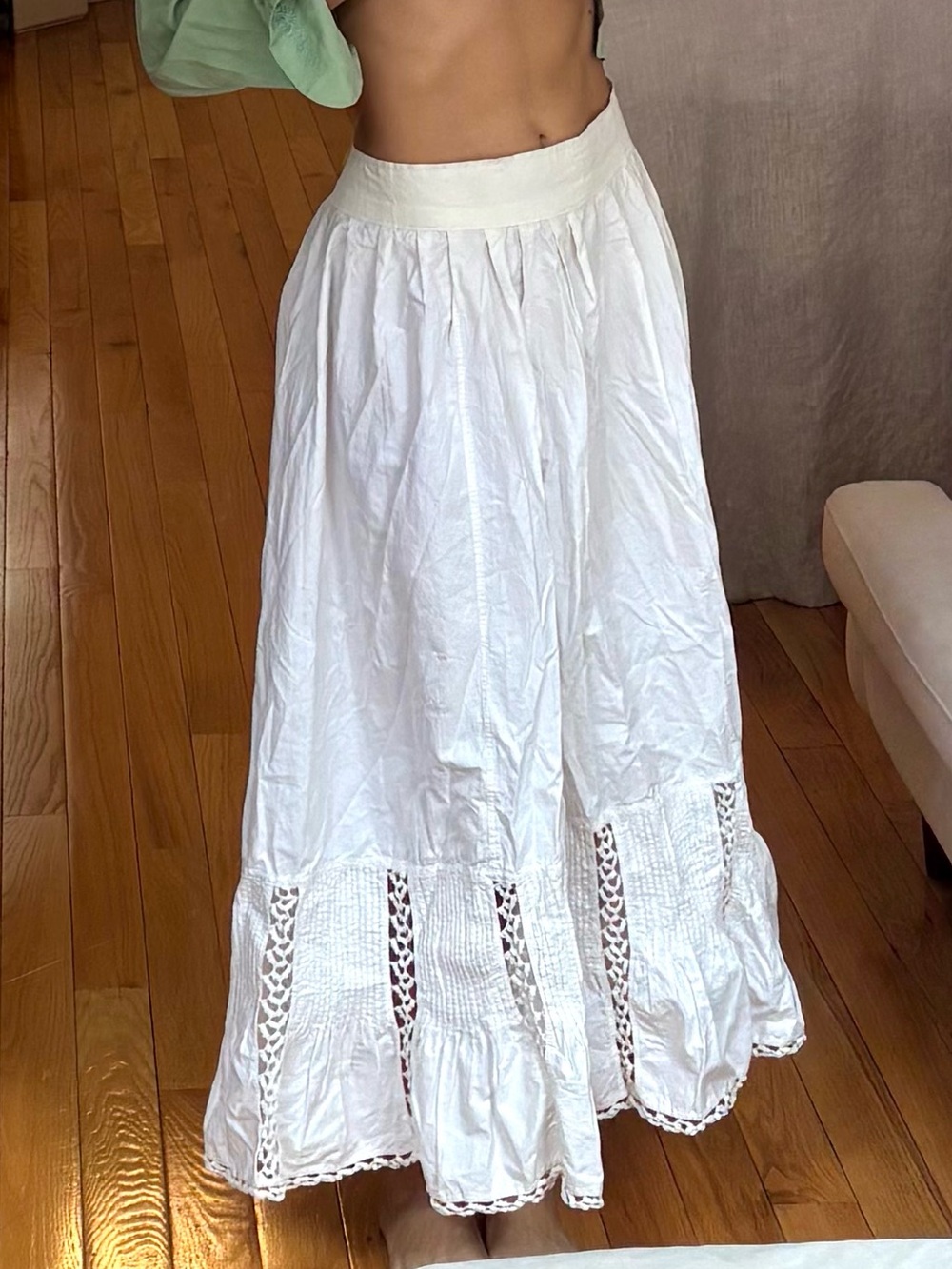 1920’s White Bohemian Western Maxi Skirt with Crochet Panels